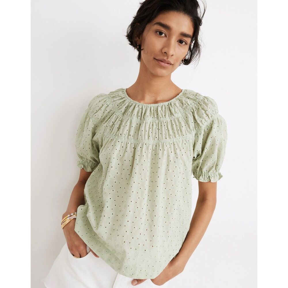 Madewell | Sunfaded Mint Daisy Embroidered Shirred Puff-Sleeve Top | Small